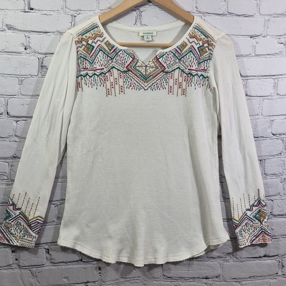 Sundance Waffle Knit Thermal Top S Cream Embroidery Long Sleeve Boho Preppy Ski